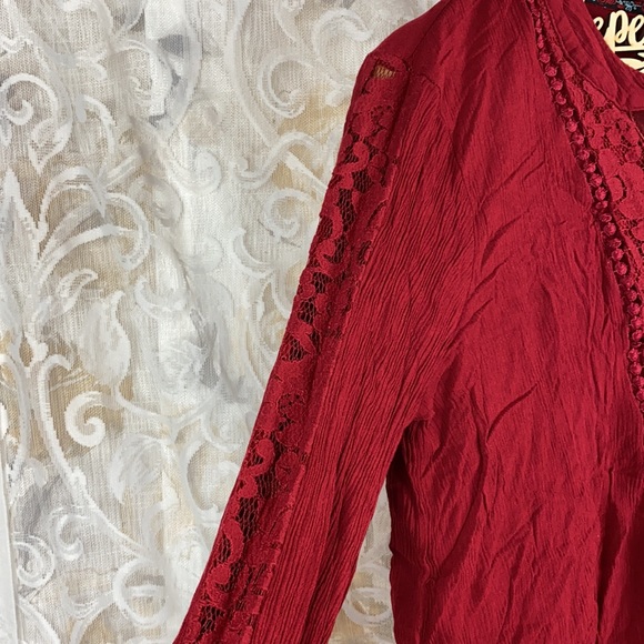 Artesia Boho Chic Peasant Blouse Red Lace trim lace up long sleeve shirt Medium - Picture 5 of 13